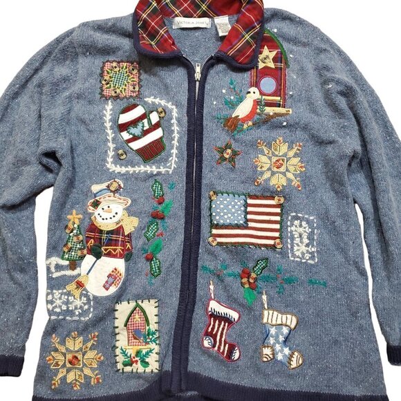 Victoria Jones Xmas Cardigan Ugly Sweater Blue Full Zip Size L Angora Rabbit - Picture 9 of 10